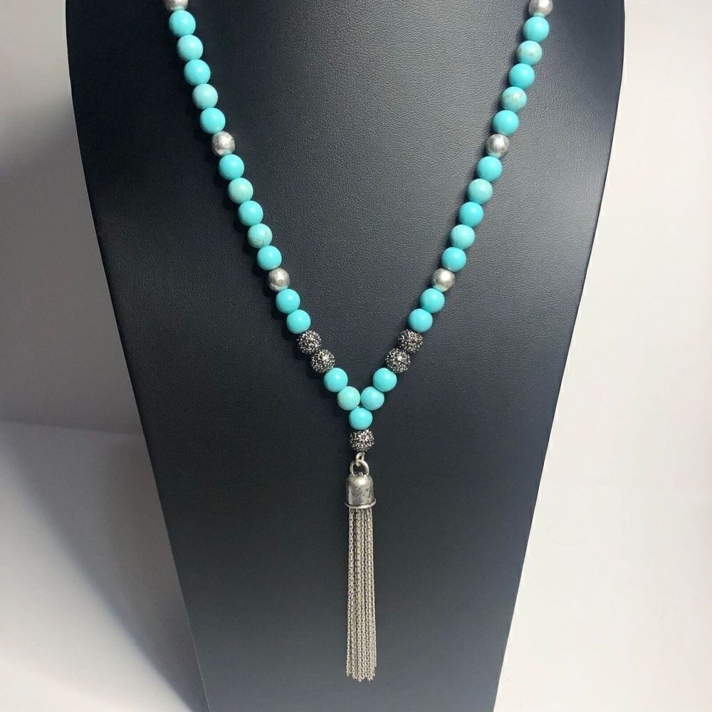 329 Lucky brand silvertone turquoise bead tassel pendant necklace 32" Long